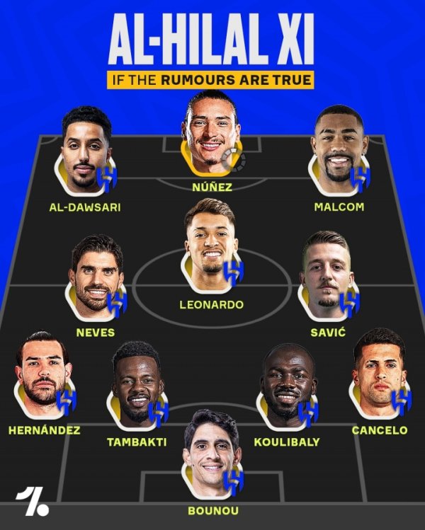 亚洲横着走！利雅得眉月潜在首发：努涅斯+内维斯+特奥+坎塞洛…