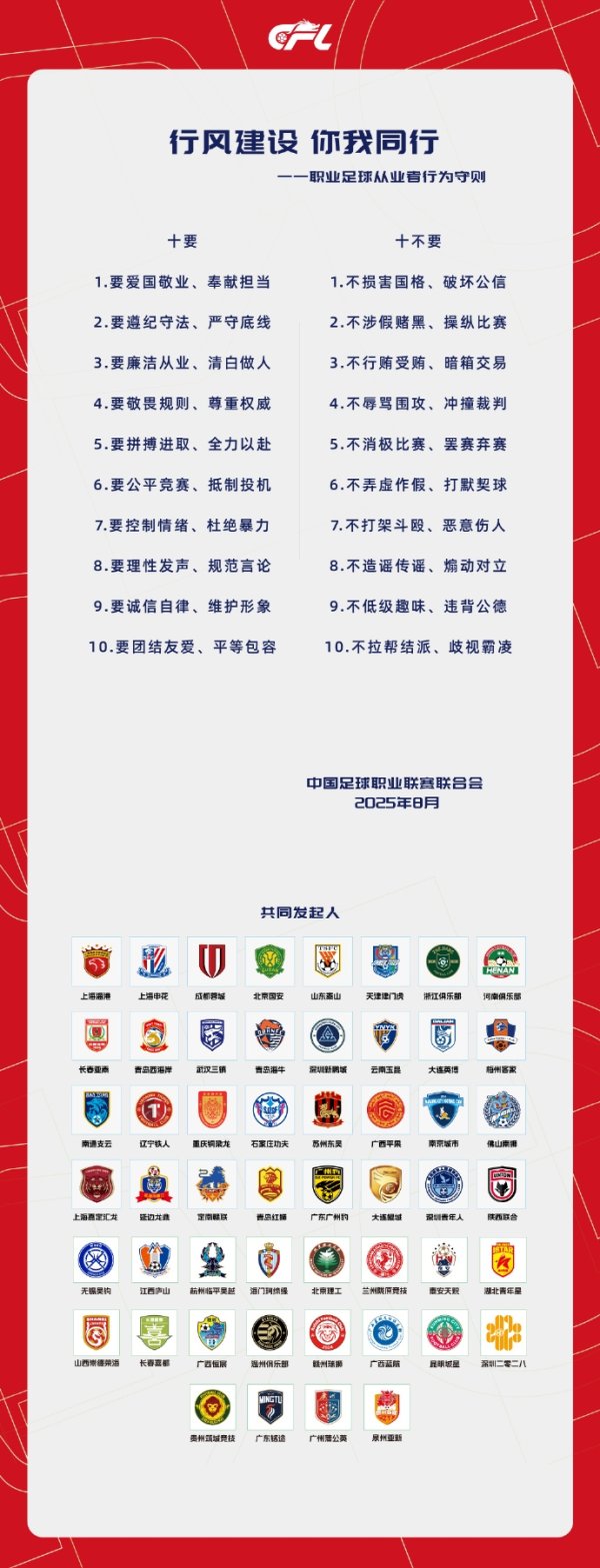 中足联集中各俱乐部发起《做事足球从业者动作守则》：十要十不要