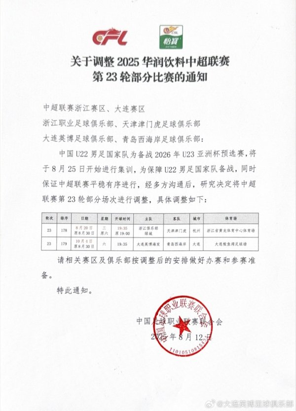 中超赛程因U23亚初赛疏导，媒体东谈主：这种赛程疏导确实有必要吗？