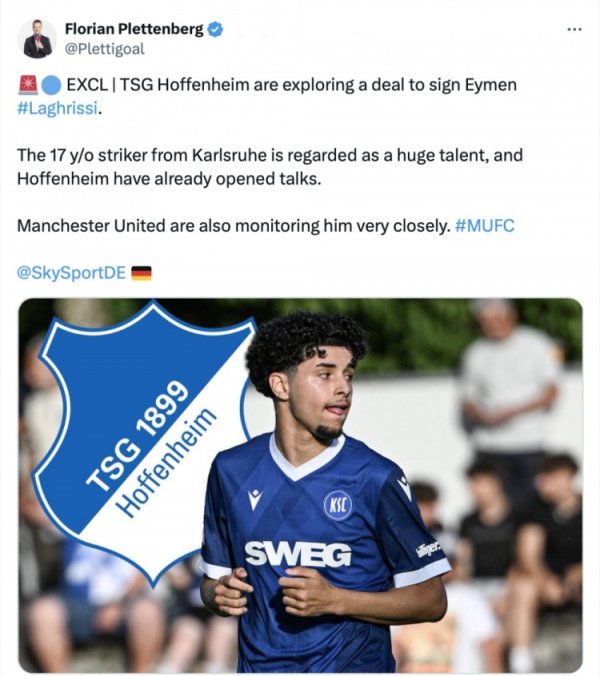 记者：霍村探索签约卡尔斯鲁厄17岁时尚拉格里西，曼联也在热心