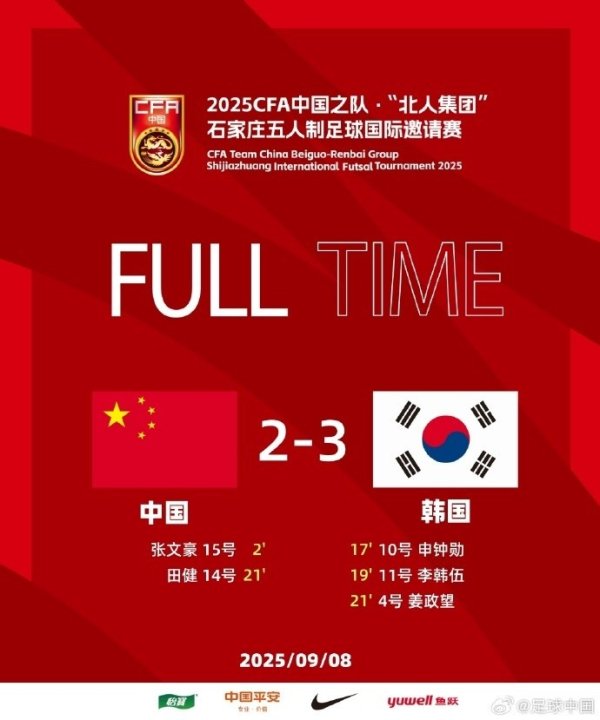 中国之队·石家庄五东谈主制足球外洋邀请赛，中国队2比3负于韩国队