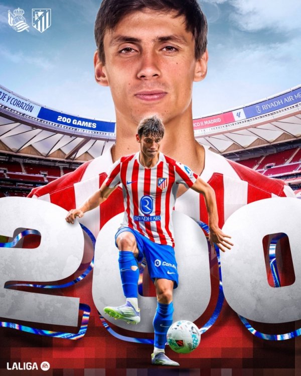 西甲官方发布海报，祝福马竞后卫勒诺尔芒迎来西甲200场里程碑