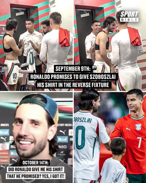 圆梦☺️索博赛后拿到偶像C罗球衣，前次找C罗换球衣时被讲演没了