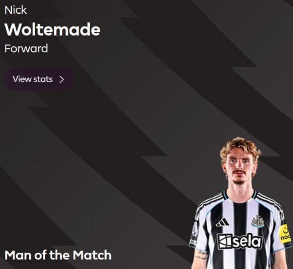 持续4场破门，英超官方：沃尔特马德当选纽卡1-2布莱顿全场最好