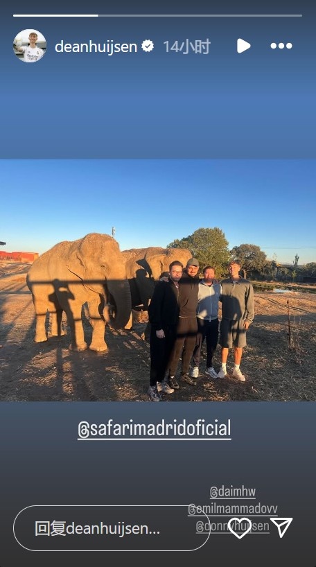 近距离战斗，赫伊森社媒晒去动物园看大象的相片