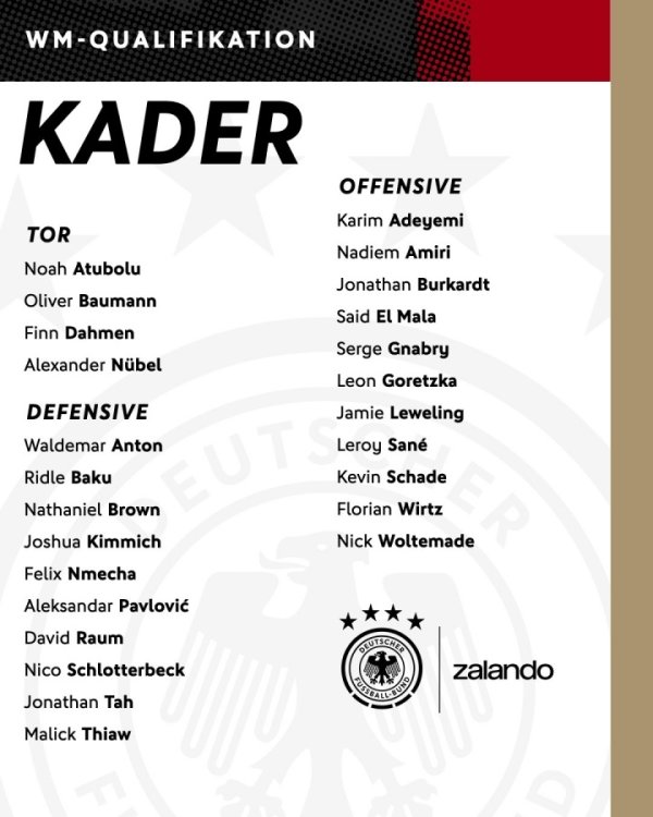 德国名单：维尔茨、沃尔特马德领衔，萨内归来，19岁马拉初次入选