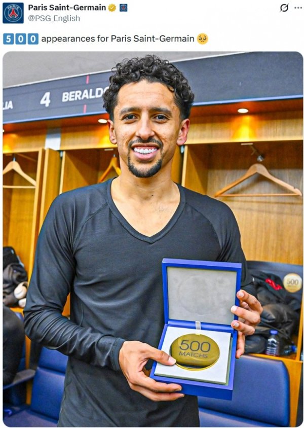 马尔基尼奥斯实现巴黎500次出场里程碑，赛后获颁球队操心奖章
